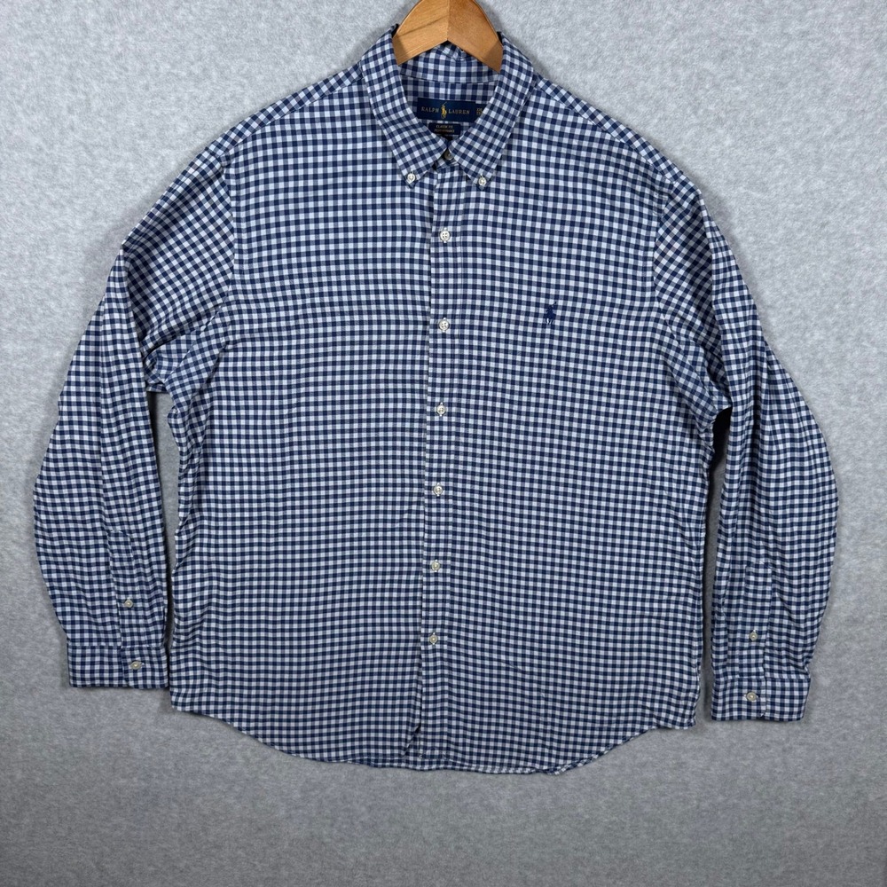 Polo Ralph Lauren Performance Gingham Dress Shirt XXL 2XL Navy Button Down Pony - Picture 2 of 11
